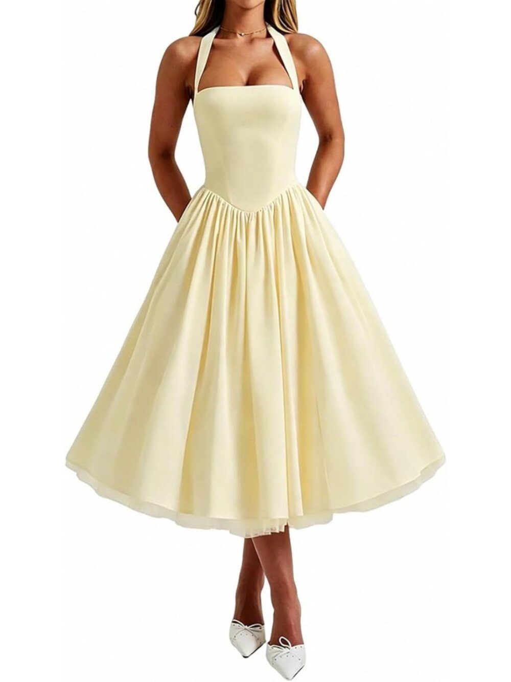 Summer Halter A-Line Tulle Dress - Sleeveless Flowy Tea Length Corset Gown